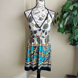 Janette Floral Paisley Halter Smocked Waist Dress Blue Sz S
